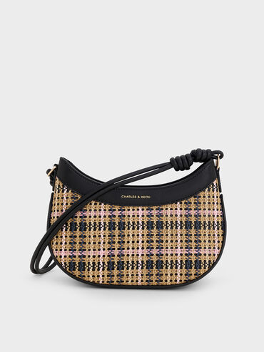 Sabine Tartan Knotted-Strap Curved Shoulder Bag, Tartan Straw, hi-res