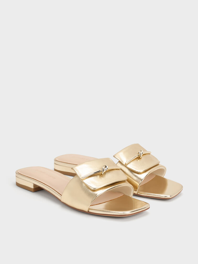 Metallic Knotted Accent Slide Sandals, Light Gold, hi-res