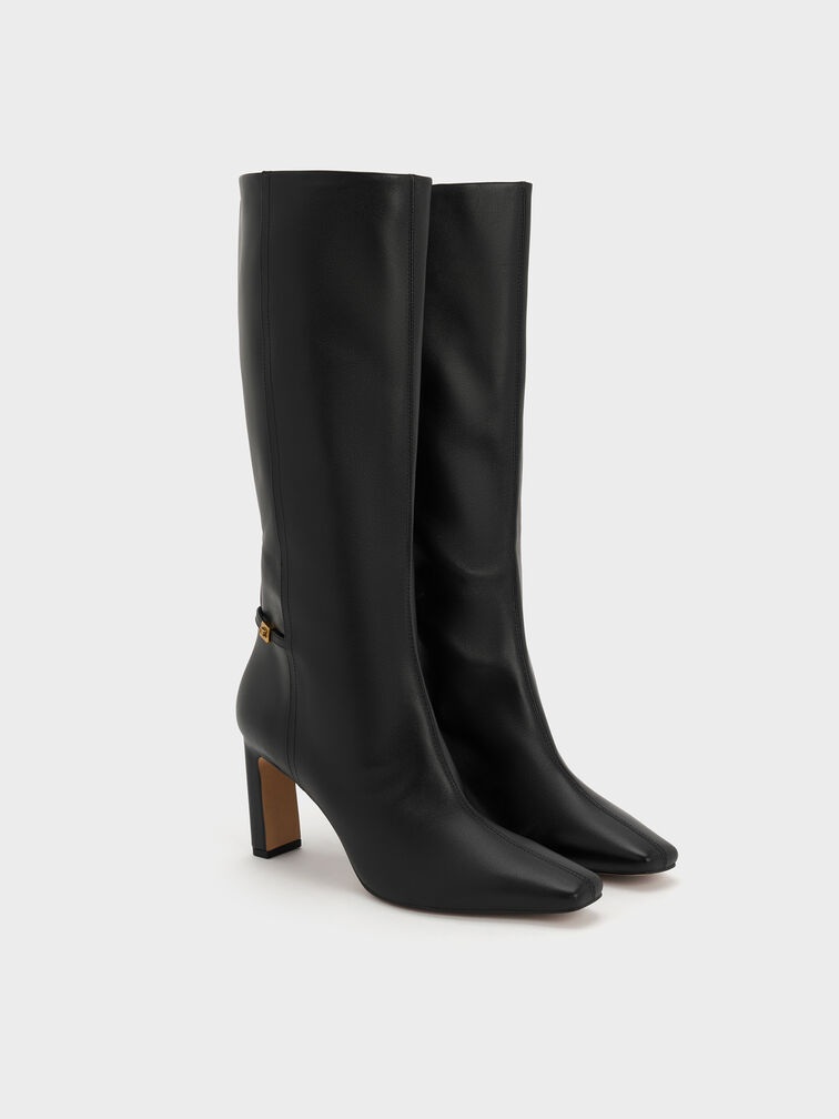 Georgina Leather Tapered Square-Toe Blade-Heel Knee-High Boots, Black, hi-res