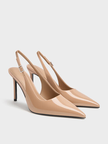 Patent Pointed Slingback Pumps, Nude, hi-res