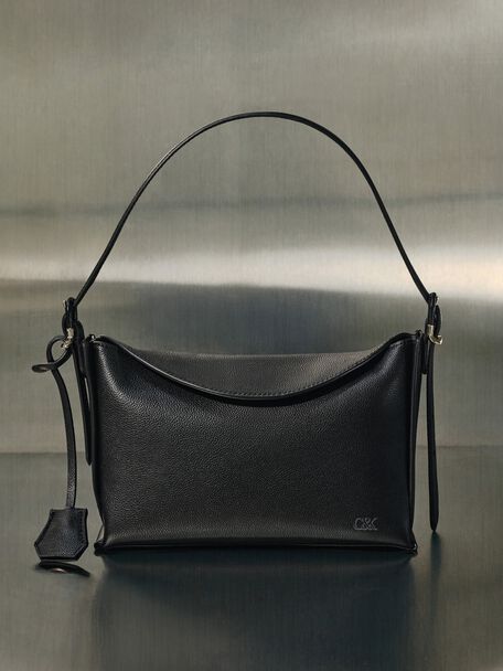 Leather Top-Flap Hobo Bag, Black, hi-res