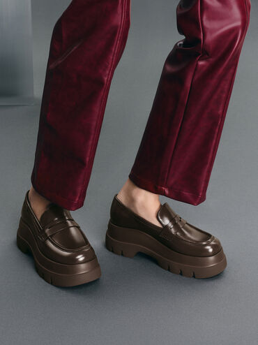 Leoi Platform Penny Loafers, Dark Brown, hi-res