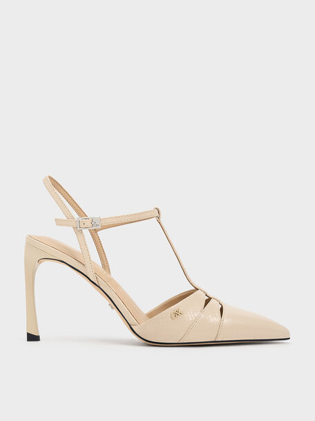 Leather Snake-Print T-Bar Pointed-Toe Pumps, Animal Print Sand, hi-res