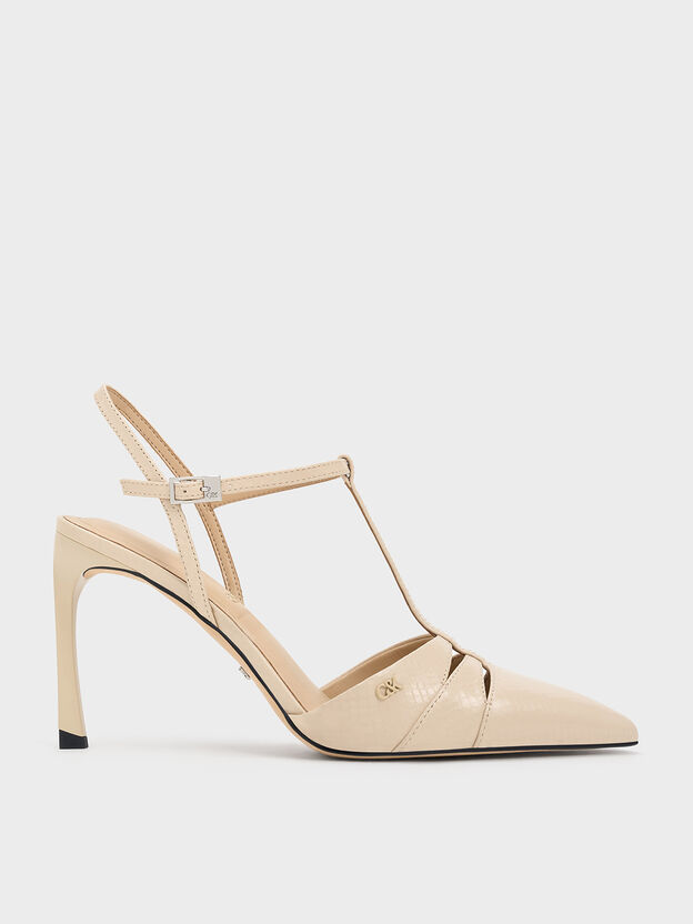 Leather Snake-Print T-Bar Pointed-Toe Pumps, Animal Print Sand, hi-res