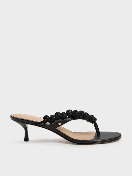 Leather Beaded Thong Kitten Heels, Black, hi-res