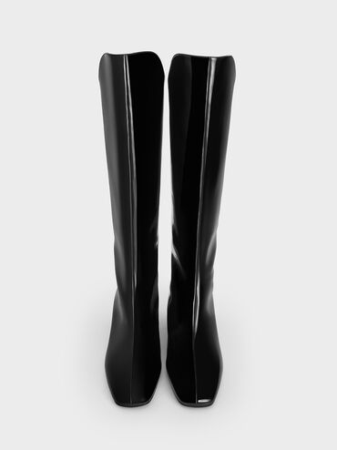 Patent Elongated Square-Toe Knee-High Boots, Black Patent, hi-res