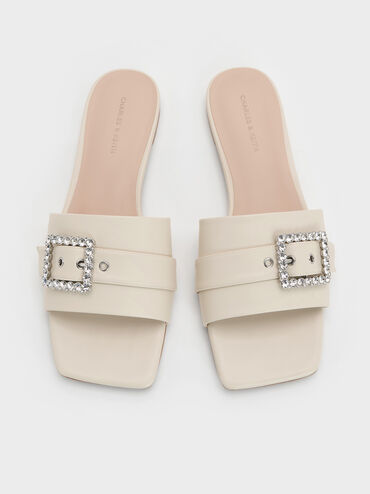 Gem-Buckle Square-Toe Slide Sandals, Chalk, hi-res