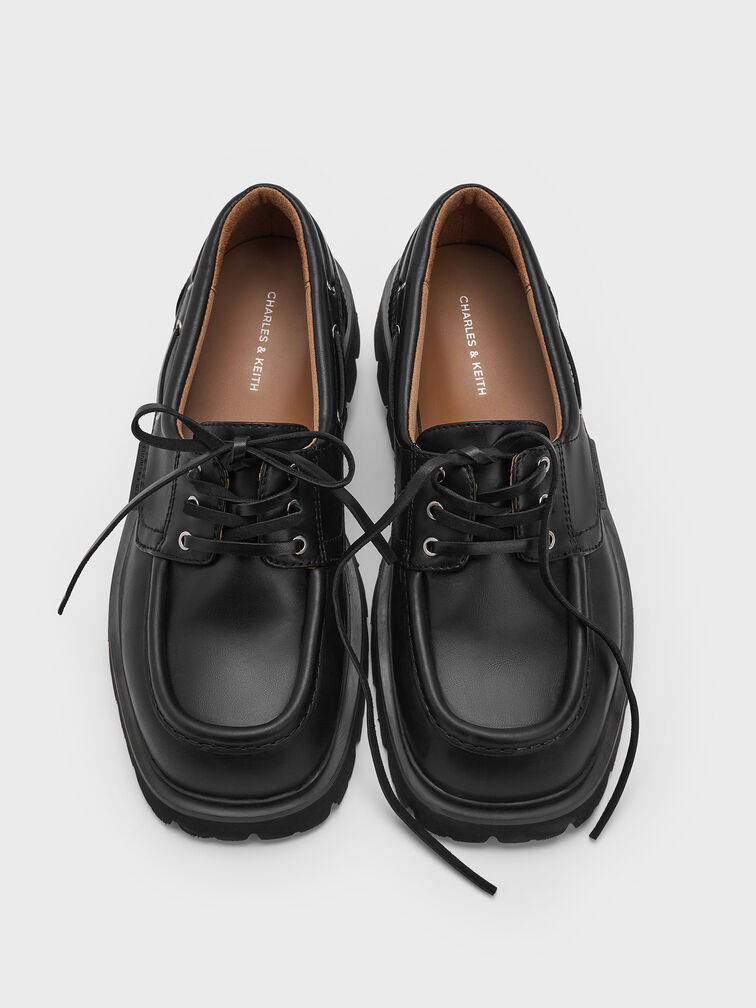 Ridged-Sole Boat Shoes, Black, hi-res