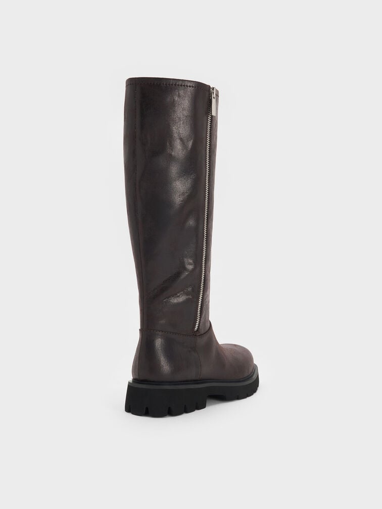 Rosamond Side-Zip Ridged-Sole Knee-High Boots, Dark Brown Textured, hi-res