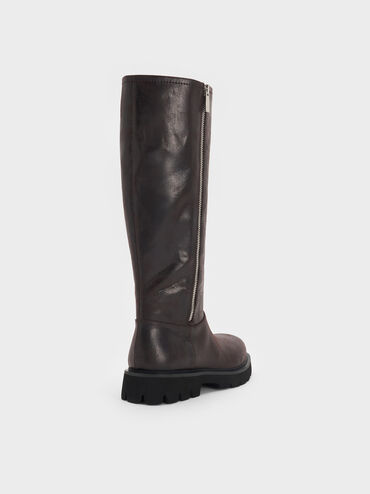 Rosamond Side-Zip Ridged-Sole Knee-High Boots, Dark Brown Textured, hi-res