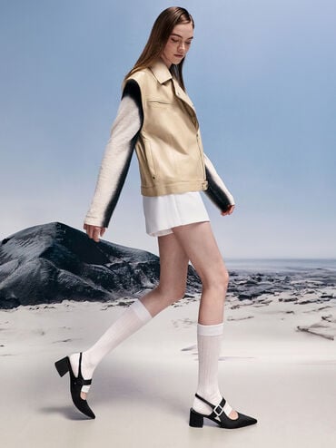 Satin Crystal-Buckle Block-Heel Slingback Pumps, Black Textured, hi-res