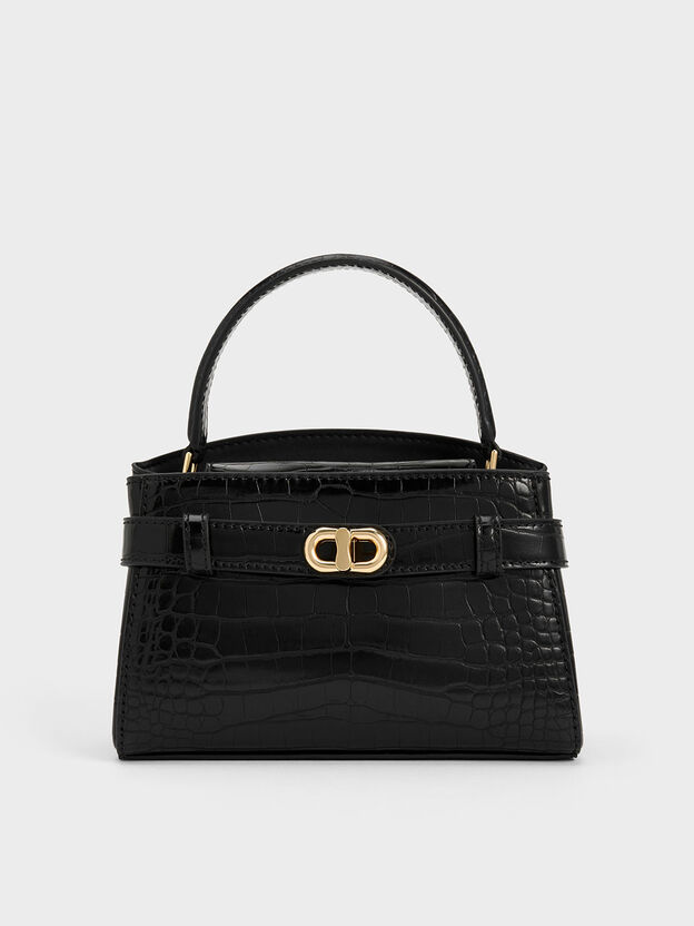 Aubrielle Croc-Effect Belted Top Handle Bag, Black, hi-res