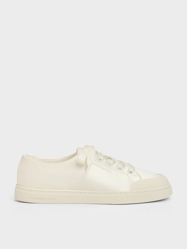 Satin Lace-Up Sneakers, White, hi-res