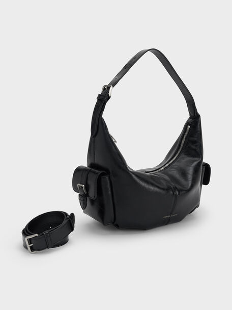 Bessie Side-Pocket Hobo Bag, Noir, hi-res