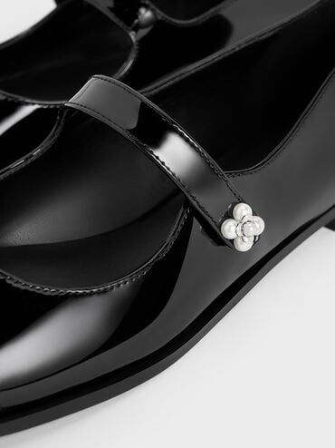 Patent Pearl-Embellished Flower-Buckle Cap-Toe Mary Janes, Black Patent, hi-res