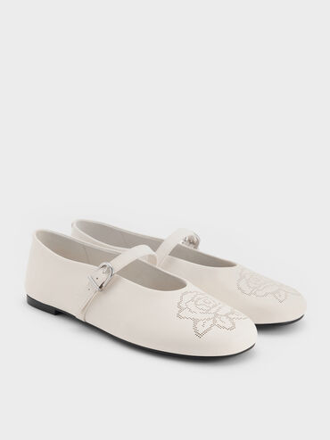 Perforated Rose High-Vamp Mary Janes, Chalk, hi-res
