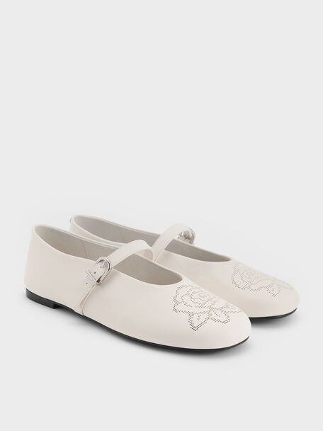 Perforated Rose High-Vamp Mary Janes, Chalk, hi-res