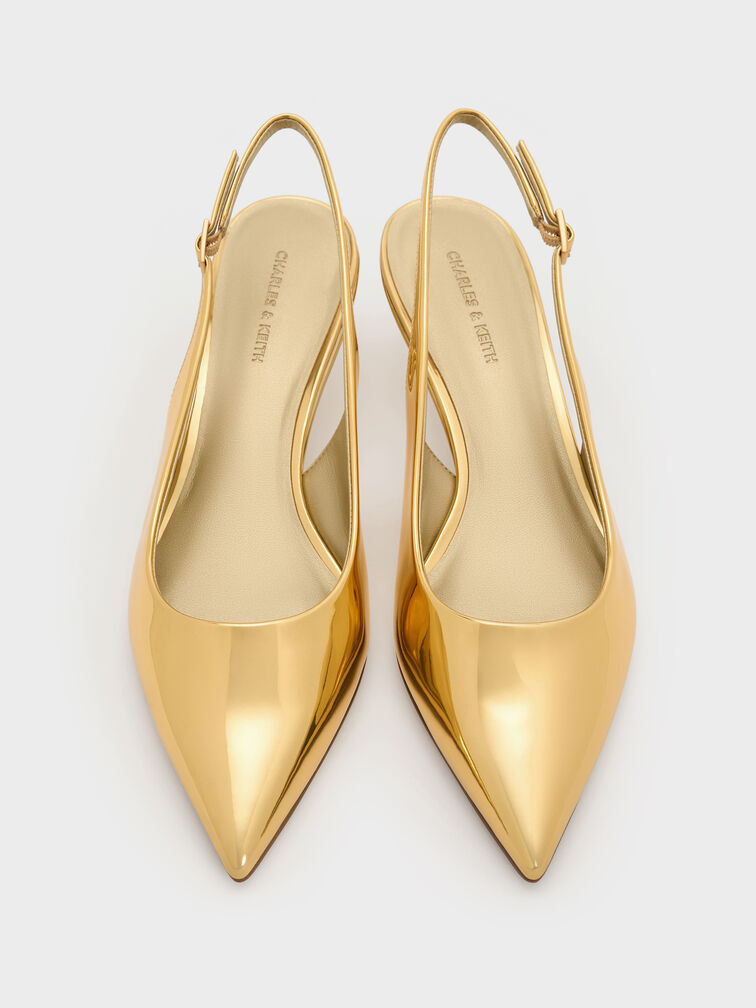Curtis Metallic Pointed-Toe Kitten-Heel Slingback Pumps, Gold, hi-res