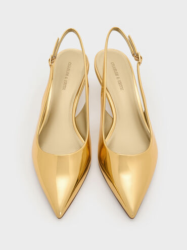 Curtis Metallic Pointed-Toe Kitten-Heel Slingback Pumps, Gold, hi-res