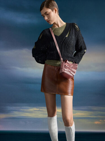 Kadee Metallic Bow-Charm Ruched Mini Bag, Aura Pink, hi-res