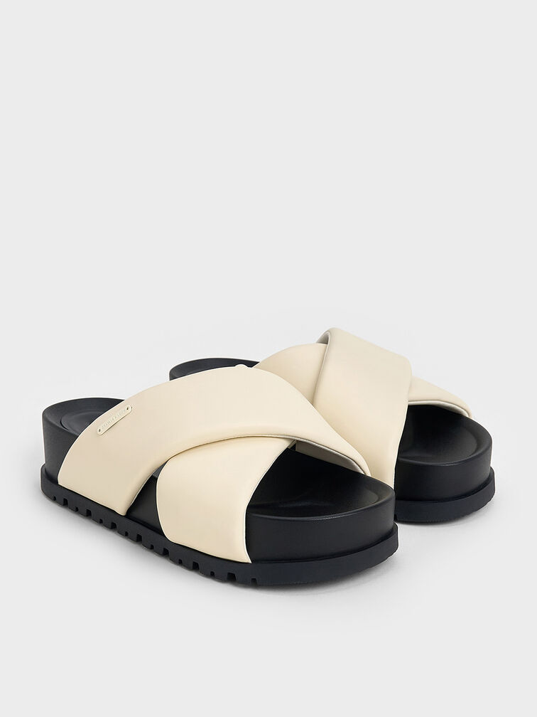 Crossover-Strap Flatform Sandals, Chalk, hi-res