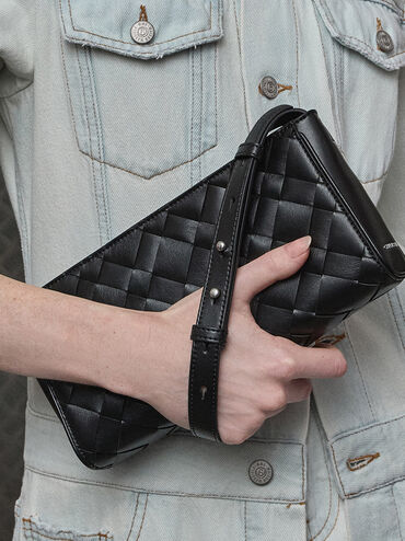 Ivette Woven Elongated Shoulder Bag, Noir, hi-res