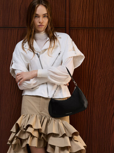 Dion Satin Chain-Handle Asymmetric Shoulder Bag, Noir, hi-res