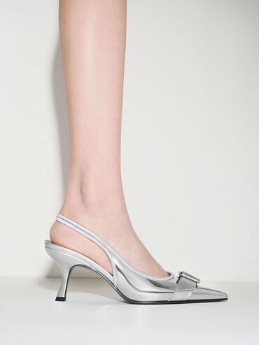 Anita Metallic Buckled Pointed-Toe Slingback Pumps, Silver, hi-res