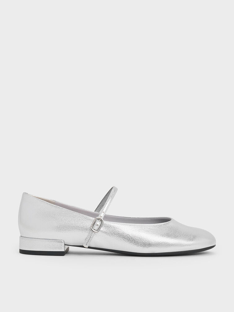 Gertrude Metallic Round-Toe Mary Janes, Silver, hi-res