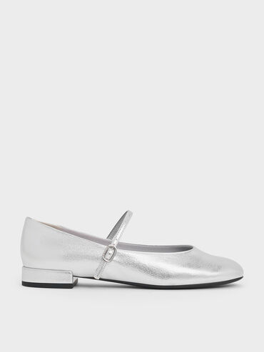 Gertrude Metallic Round-Toe Mary Janes, Silver, hi-res