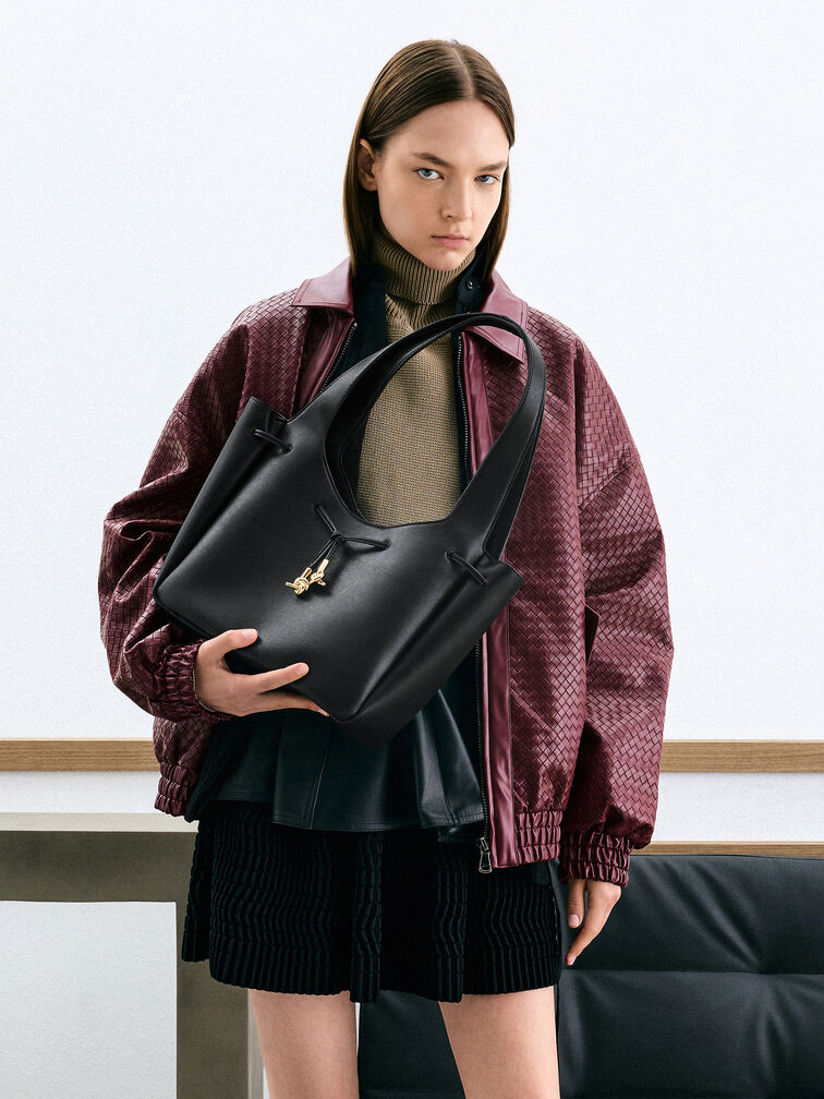 Mila Metallic-Knot Drawstring Tote Bag, Black, hi-res