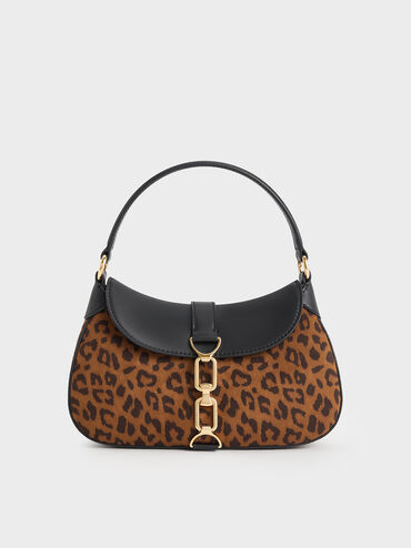 Agatha Leopard-Print Chain-Accent Hobo Bag, Multi, hi-res