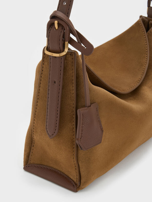 Leather & Suede Top-Flap Hobo Bag, Brown, hi-res