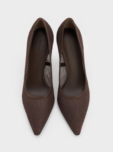 Lace & Satin Stiletto Pumps, Dark Brown Textured, hi-res
