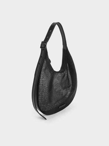 Mesh Crescent Hobo Bag, Jet Black, hi-res