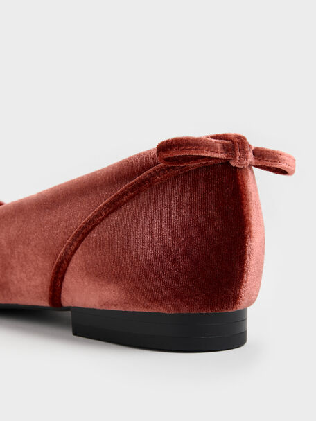 Bettina Velvet Double-Bow Pointed Ballet Flats, Brick, hi-res