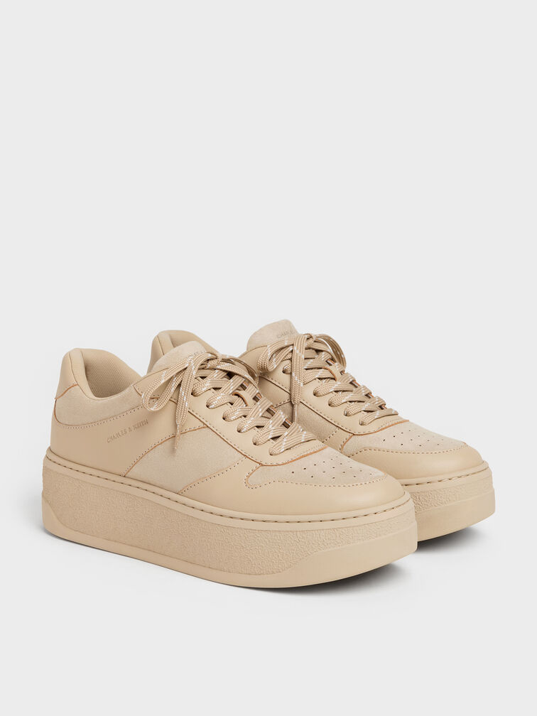 Faux Suede Platform Sneakers, Beige, hi-res