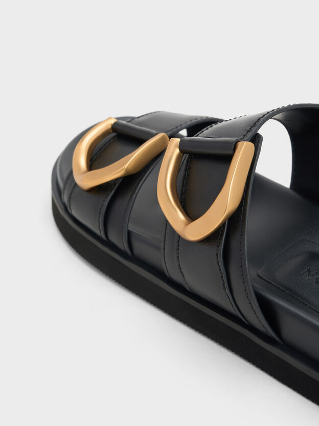 Gabine Gold-Buckle Leather Slides, Black, hi-res