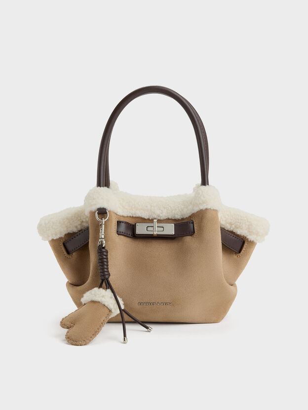 Mini Cosima Fur-Trim Tote Bag, Sand, hi-res