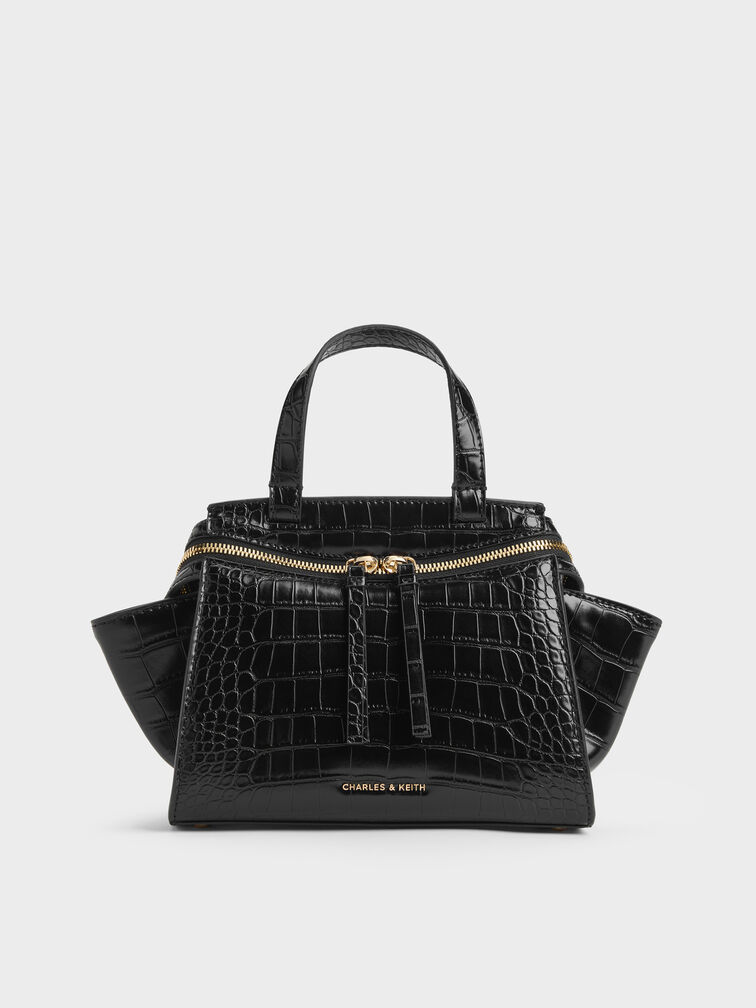 Pansy Trapeze Croc-Effect Top Handle Bag, Black, hi-res