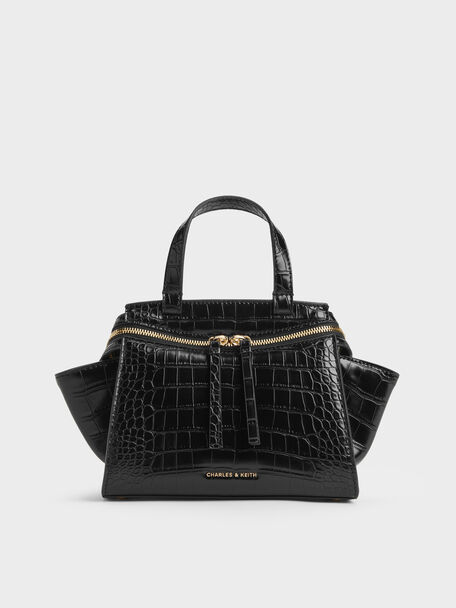 Pansy Trapeze Croc-Effect Top Handle Bag, Black, hi-res