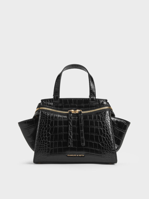 Pansy Trapeze Croc-Effect Top Handle Bag, Black, hi-res