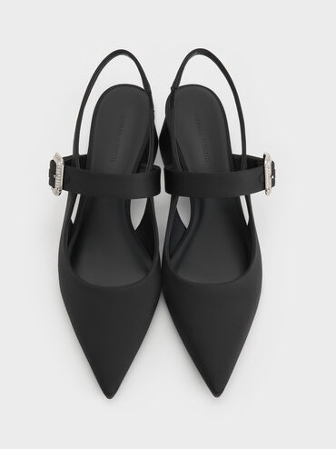 Satin Crystal-Buckle Block-Heel Slingback Pumps, Black Textured, hi-res