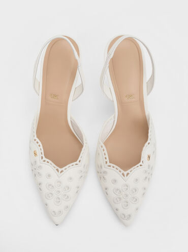 Leather Embroidered Pointed Slingback Pumps, White, hi-res