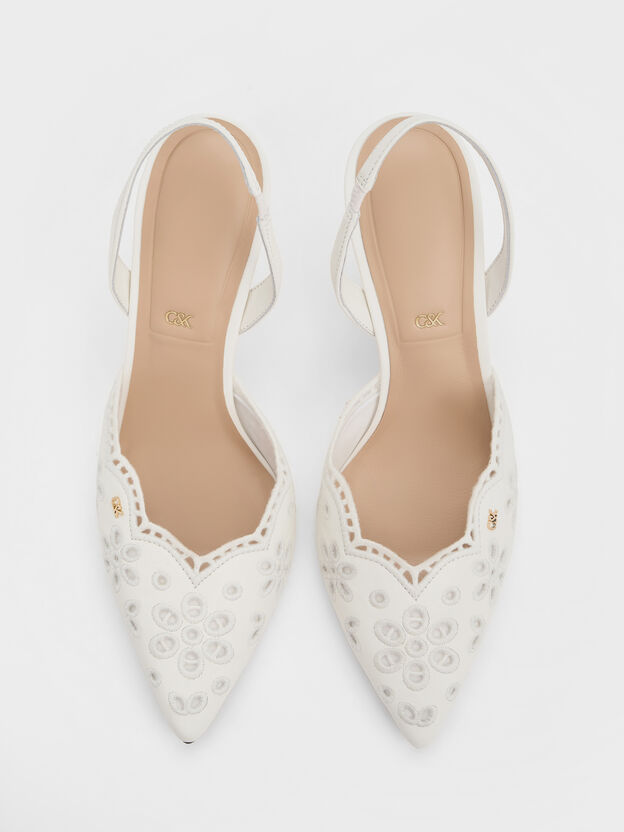 Leather Embroidered Pointed Slingback Pumps, White, hi-res