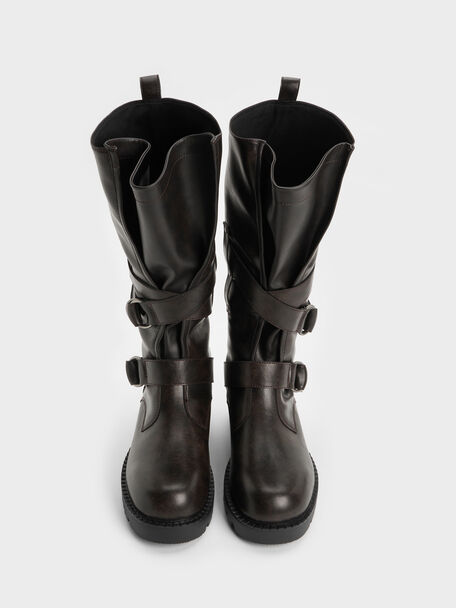 Double-Strap Knee-High Boots, Dark Brown, hi-res