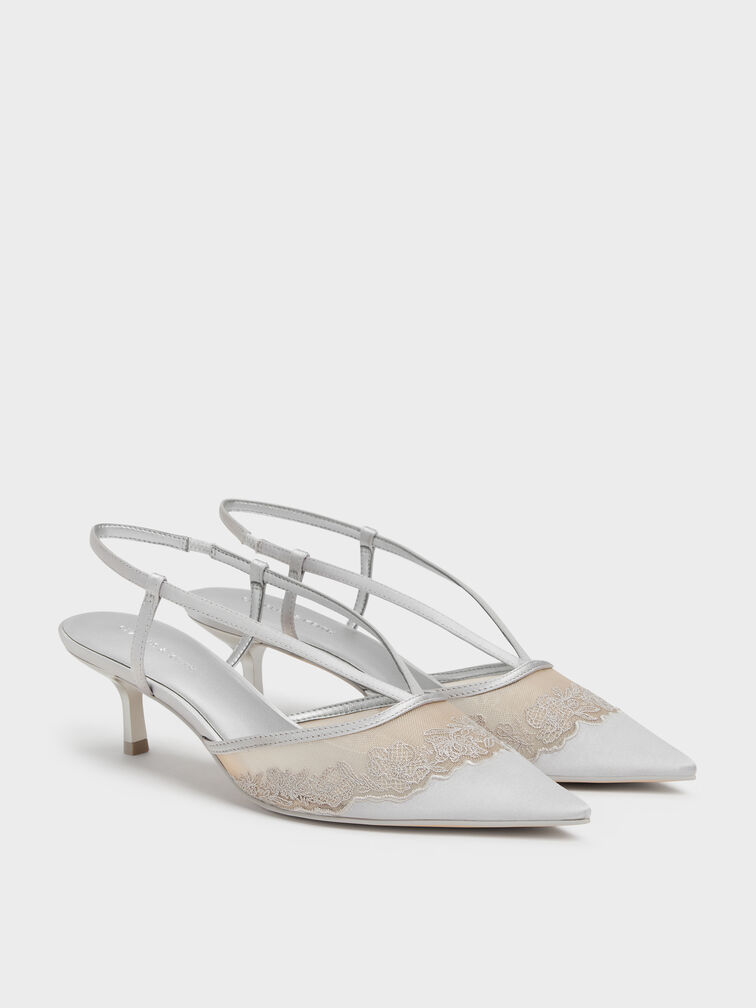 Satin Embroidered-Mesh Slingback Kitten Heels, Silver, hi-res