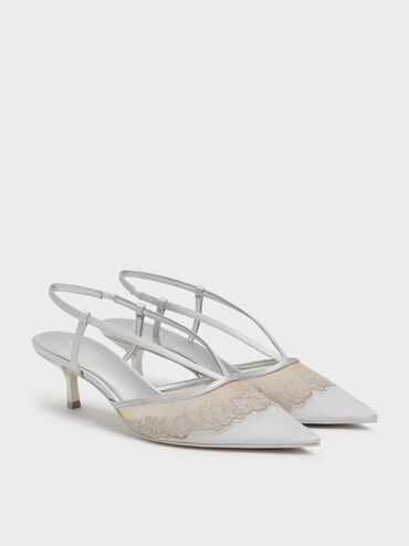 Satin Embroidered-Mesh Slingback Kitten Heels, Silver, hi-res