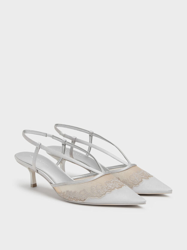 Satin Embroidered-Mesh Slingback Kitten Heels, Silver, hi-res