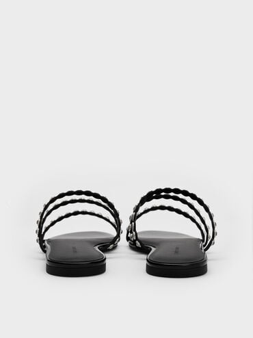 Crystal-Embellished Triple-Strap Sandals, Black Textured, hi-res